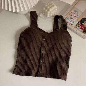 Ribbed Brown Button-Up Crop Top