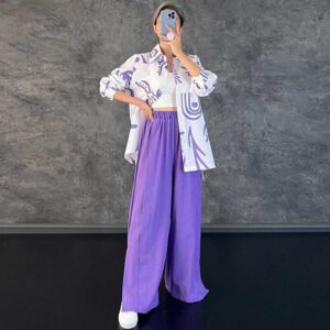 Printed Blouse & Purple Trousers Set
